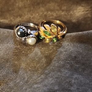 Elegant Silver and Gold Pearl and Gemstone Ring Set